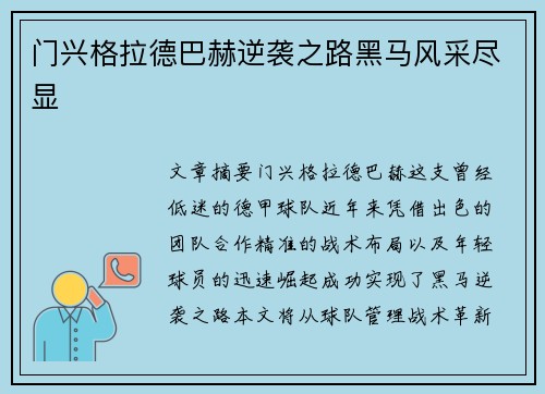 门兴格拉德巴赫逆袭之路黑马风采尽显 门兴格拉德巴赫逆袭之路黑马风采尽显